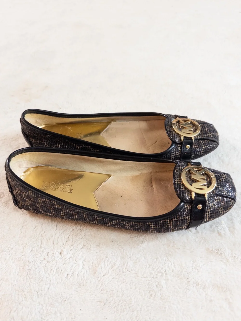 Michael Kors Black & Bronze Logo Ballet Flats Women’s Size 9.5